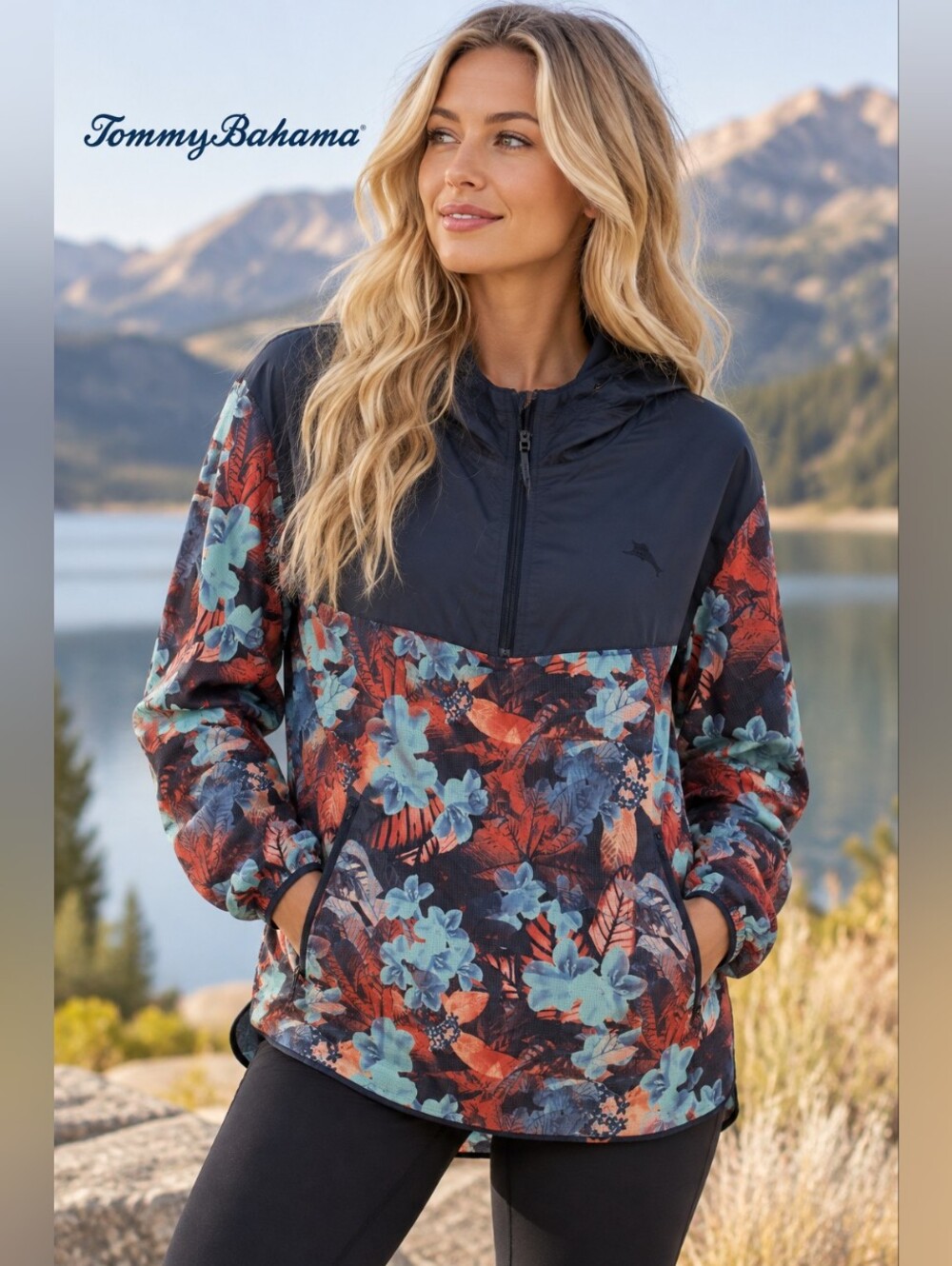 Tommy Bahama Floral Hooded Windbreaker Jacket Blue Orange XL